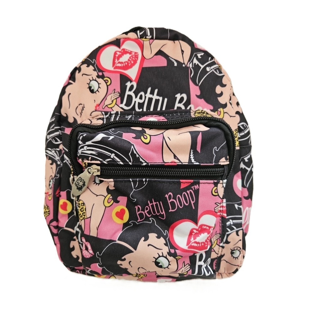 Betty Boop Pink Black All Over Print Mini Backpack Multi Pocket NWT